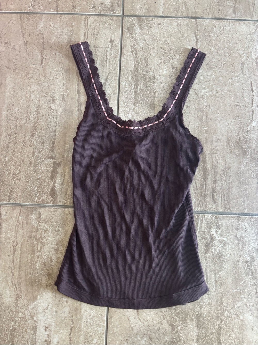 Free People intimately only you cami brown ribbed tank top with pink lace trim
